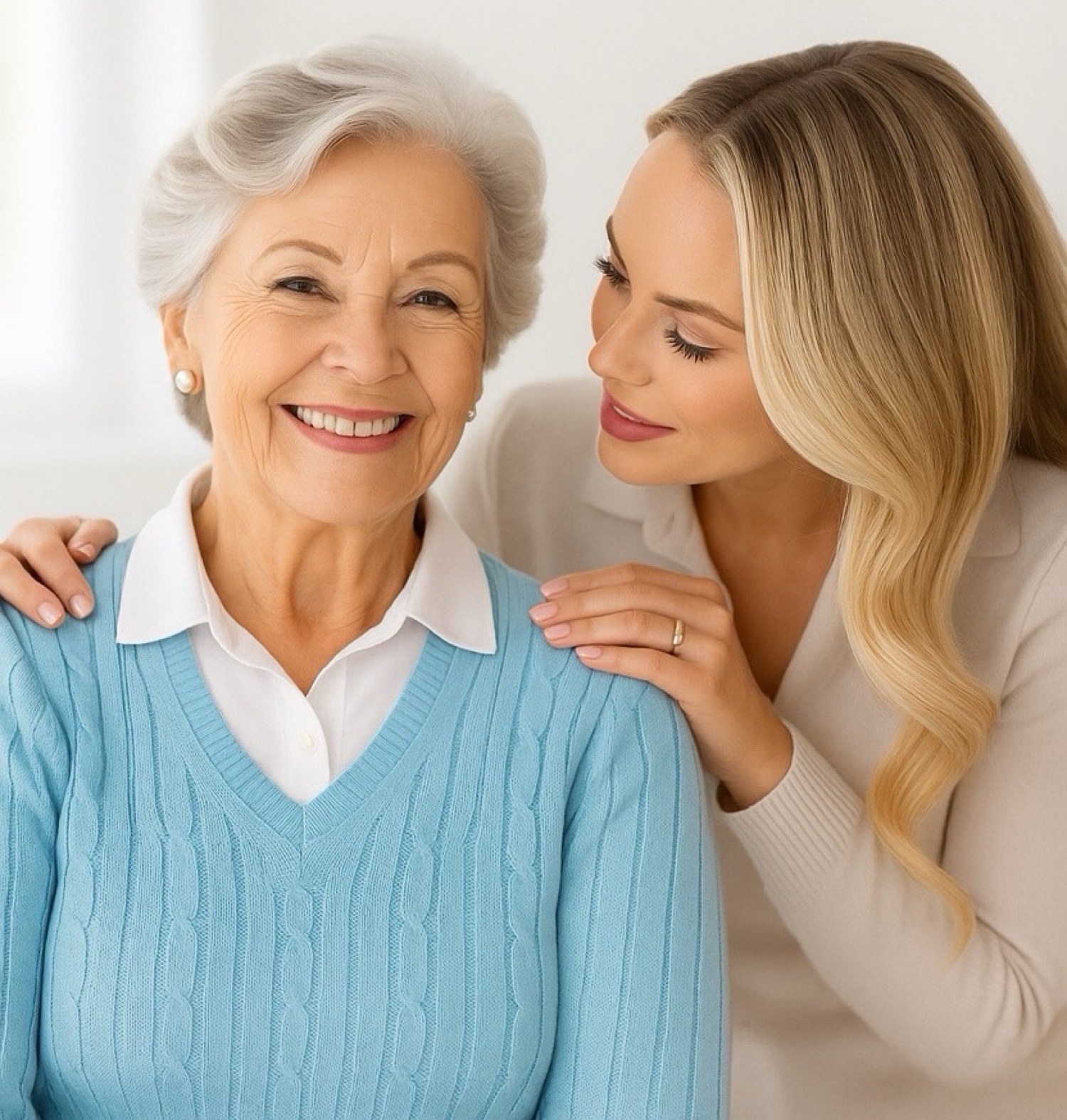 A patient smiling with a family member, at ease.
